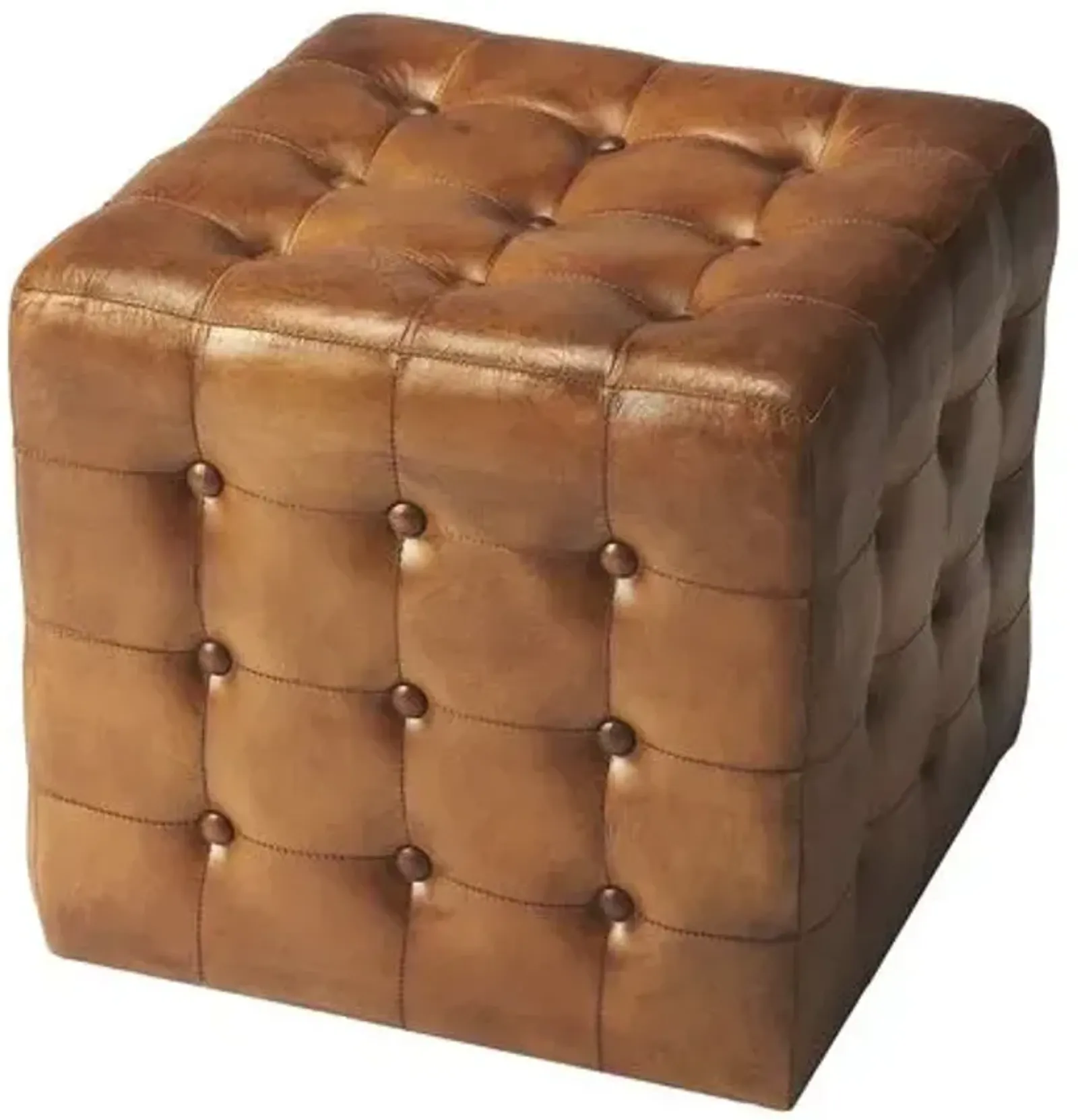 Gabriel Button Tufted Leather Ottoman - Brown