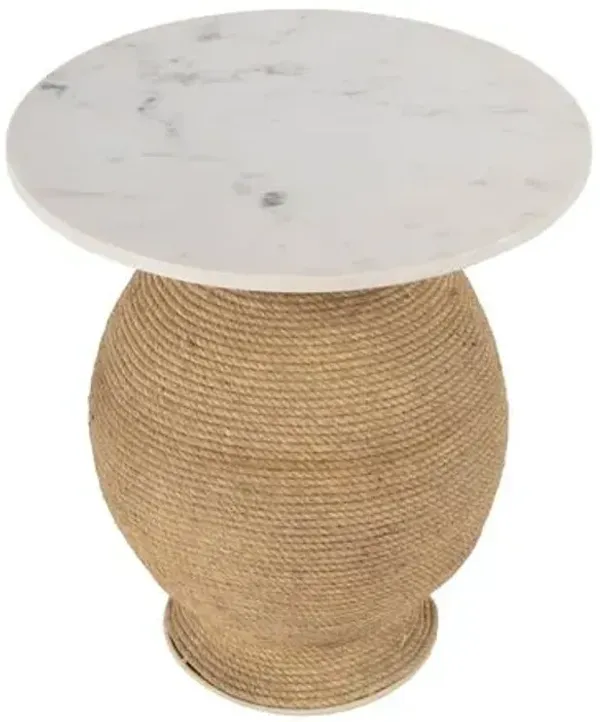 Camden Round End Table - White Marble/Natural Rope