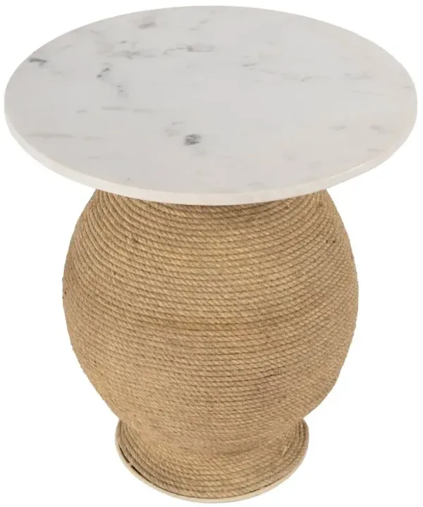 Camden Round End Table, White Marble/Natural Rope
