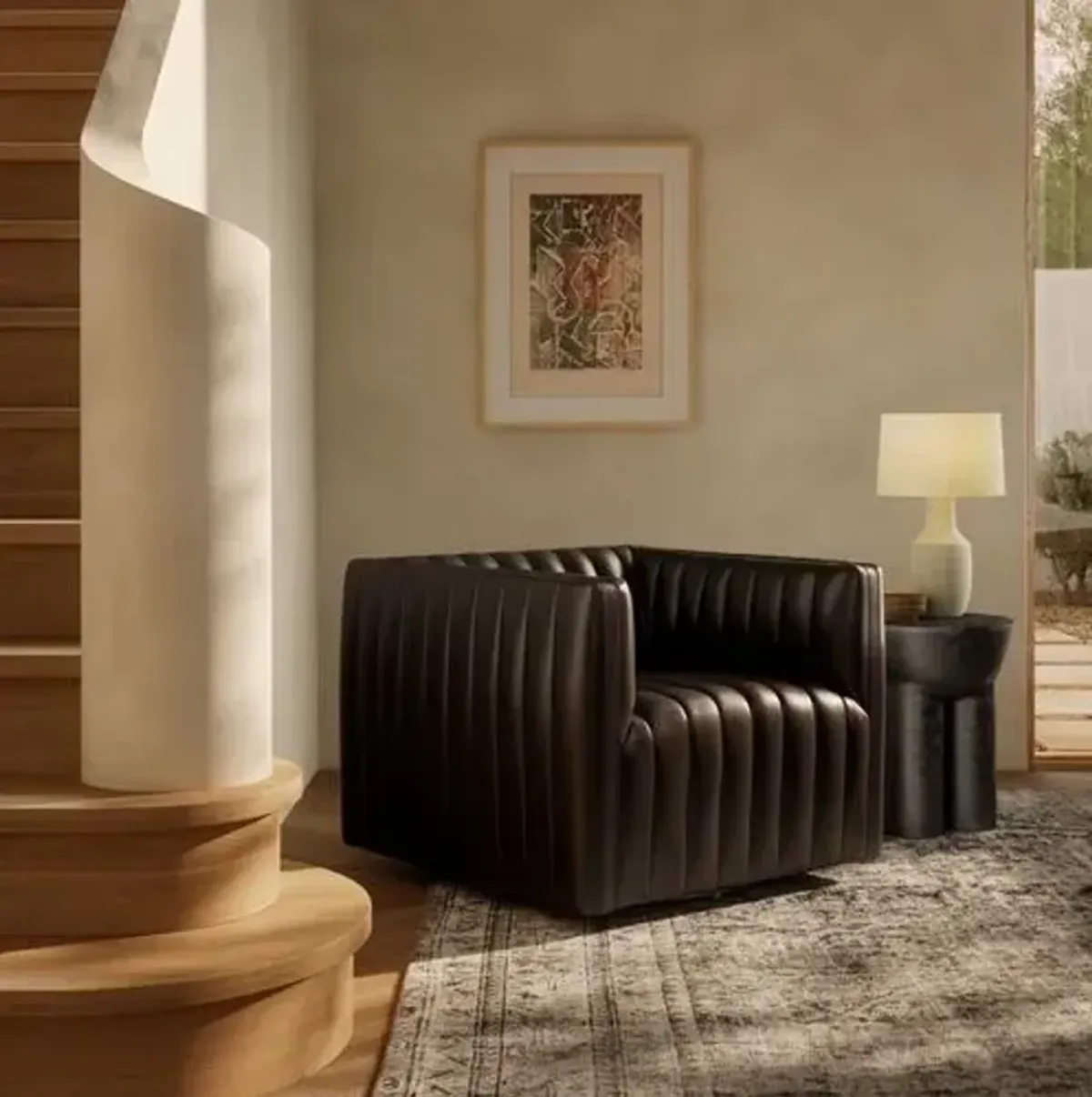 Deacon Channel Tufted Leather Swivel Chair