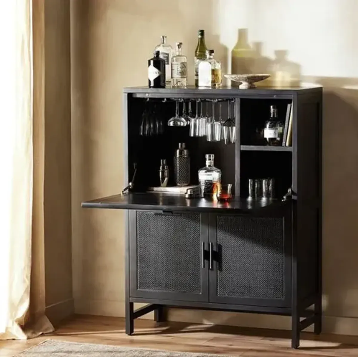 Thiago Cane Bar Cabinet - Black Wash Mango