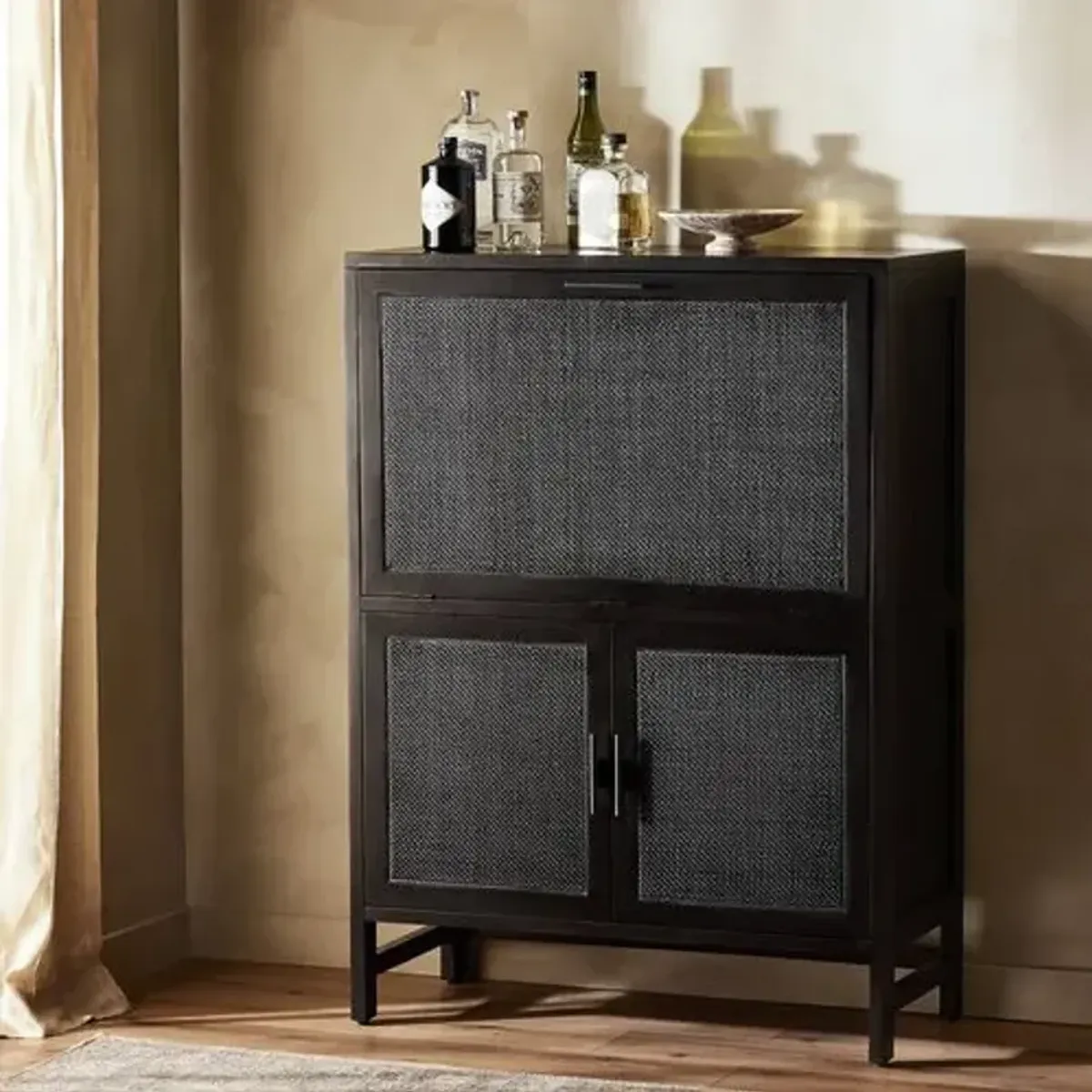 Thiago Cane Bar Cabinet - Black Wash Mango