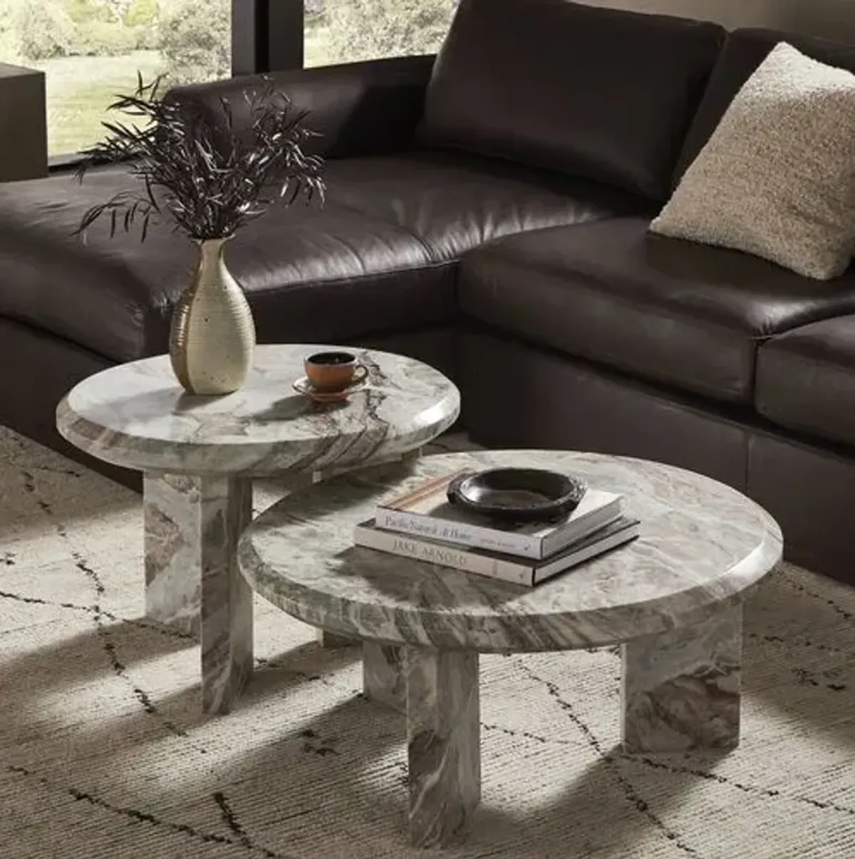 Set of 2 Sage Marble Nesting Coffee Table Set - Creamy Taupe - Beige