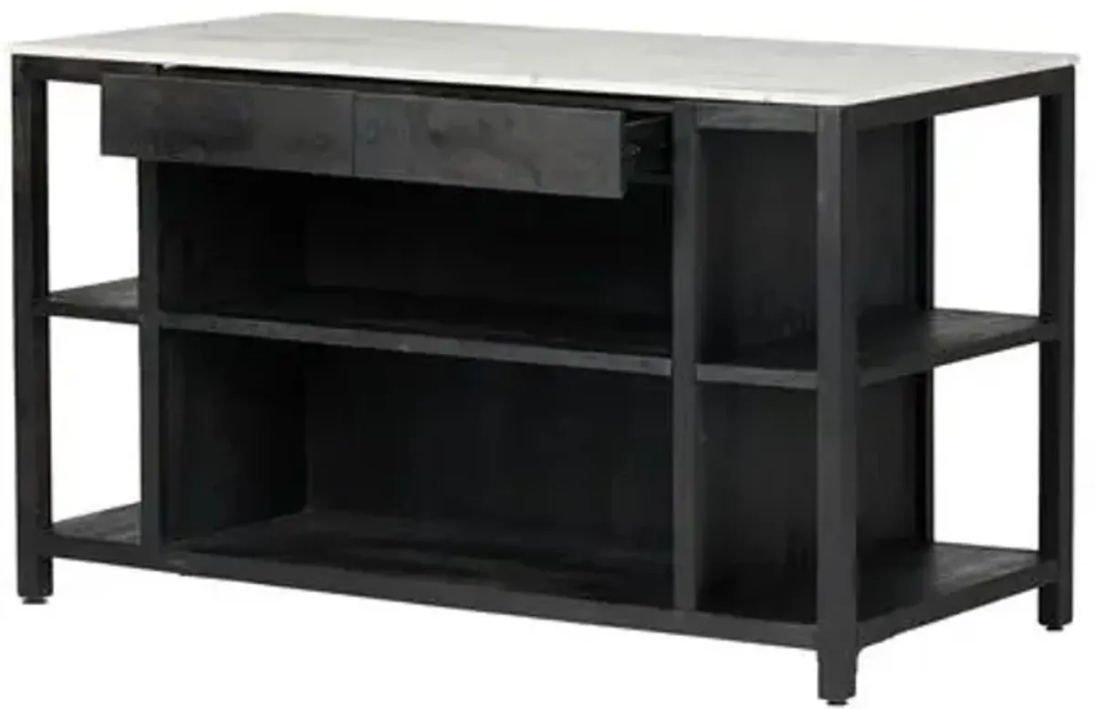 Nell Kitchen Island - Black Wash Acacia/White Marble