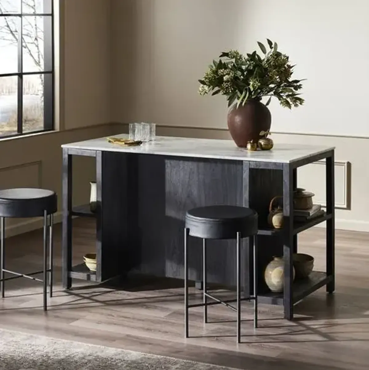 Nell Kitchen Island - Black Wash Acacia/White Marble