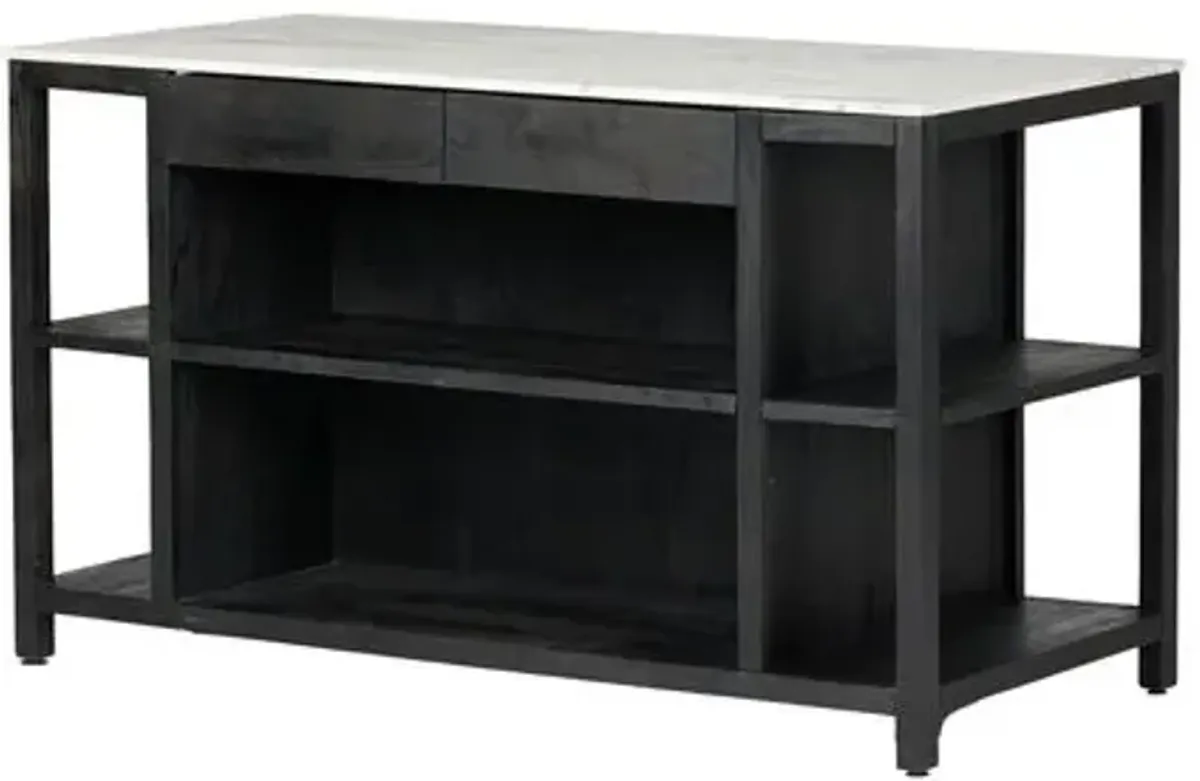 Nell Kitchen Island - Black Wash Acacia/White Marble