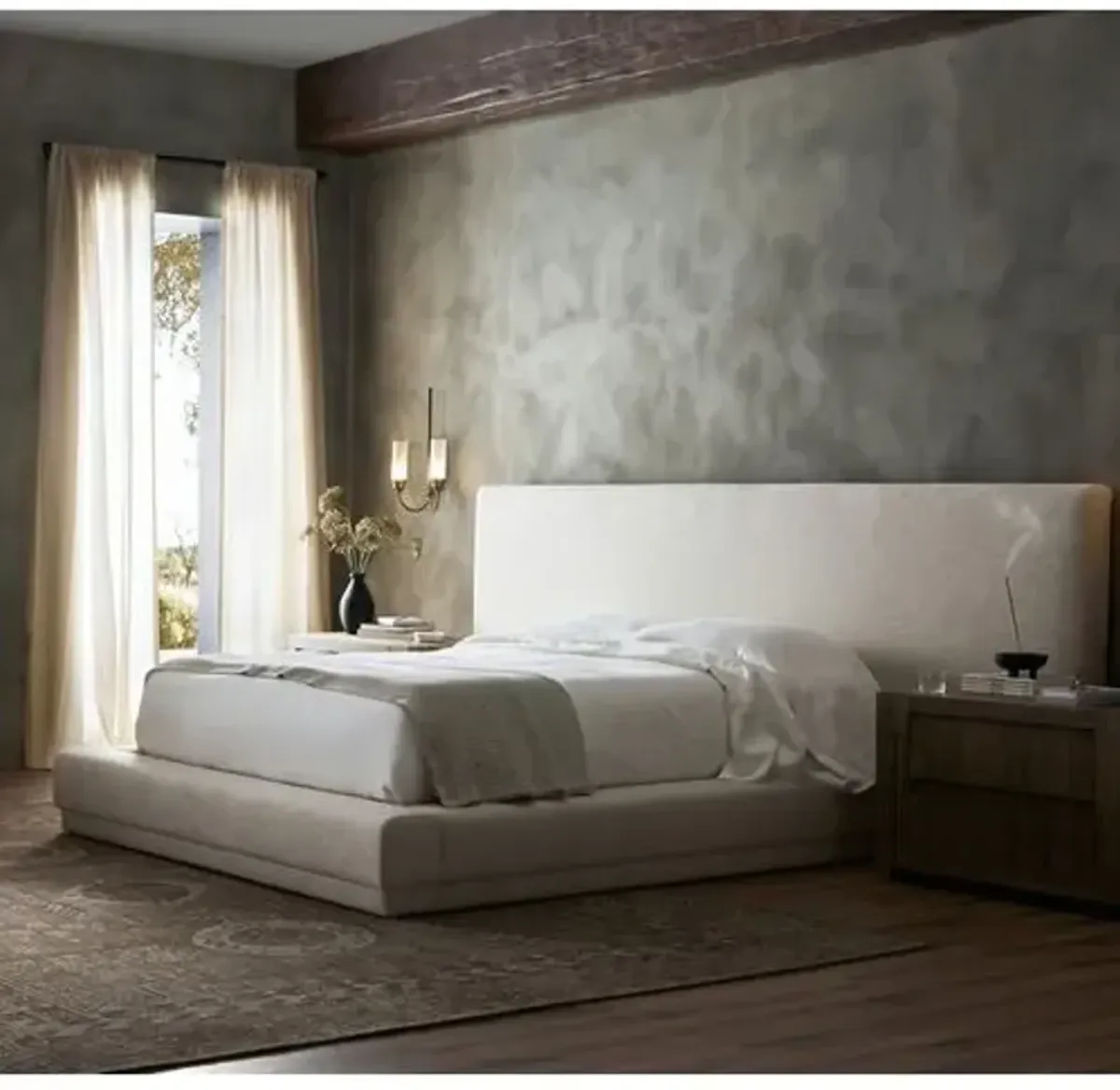 Levi Platform Bed - Bergamo Parchment - Beige, Upholstered, Comfortable & Durable