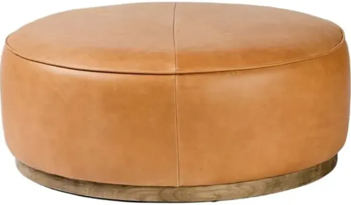 Janessa Large Round Ottoman - Leather - Brown