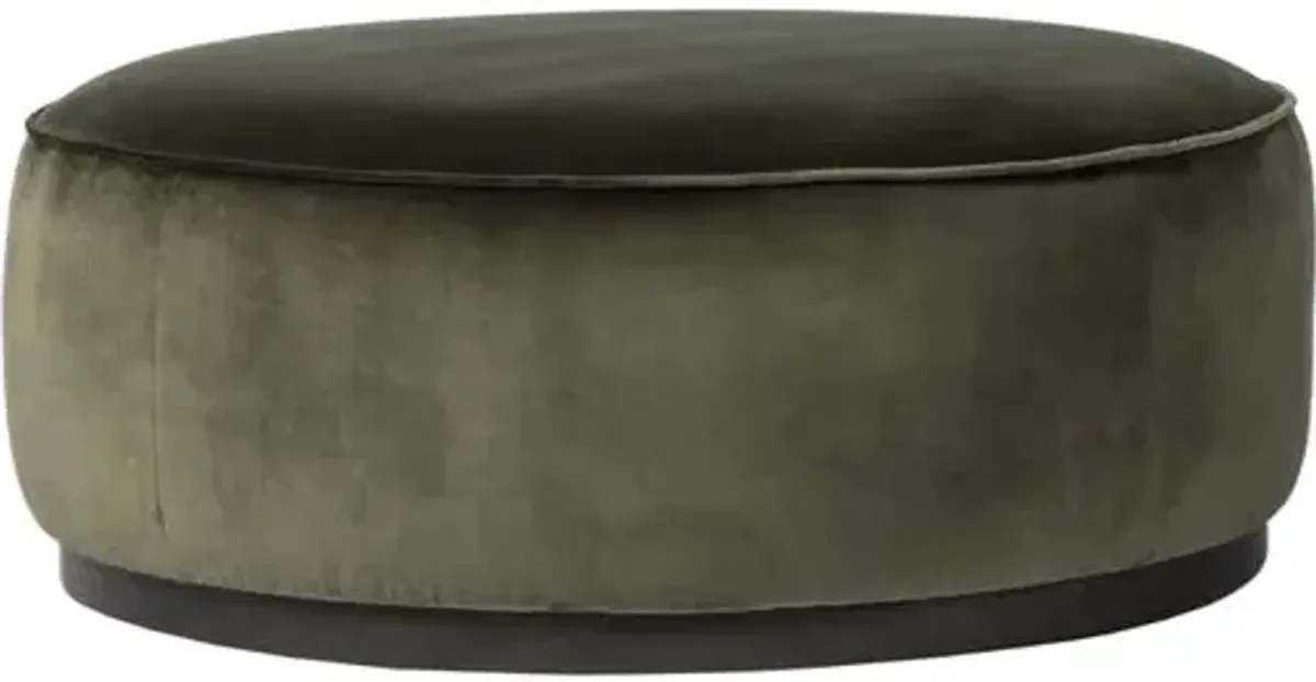 Janessa Large Round Ottoman - Surrey Olive Velvet - Green