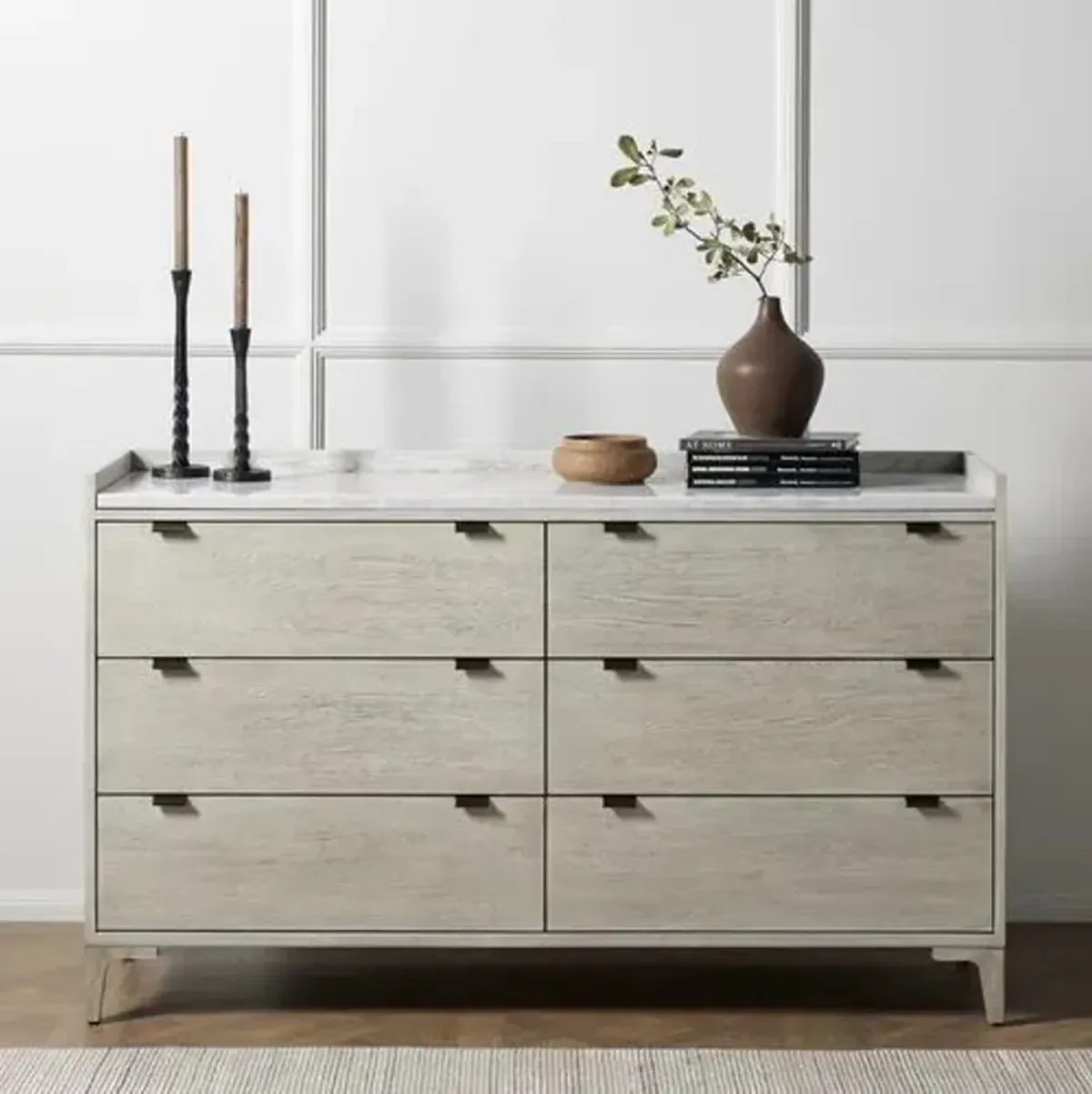 Greer 6-Drawer Dresser - Vintage White Oak/White Marble