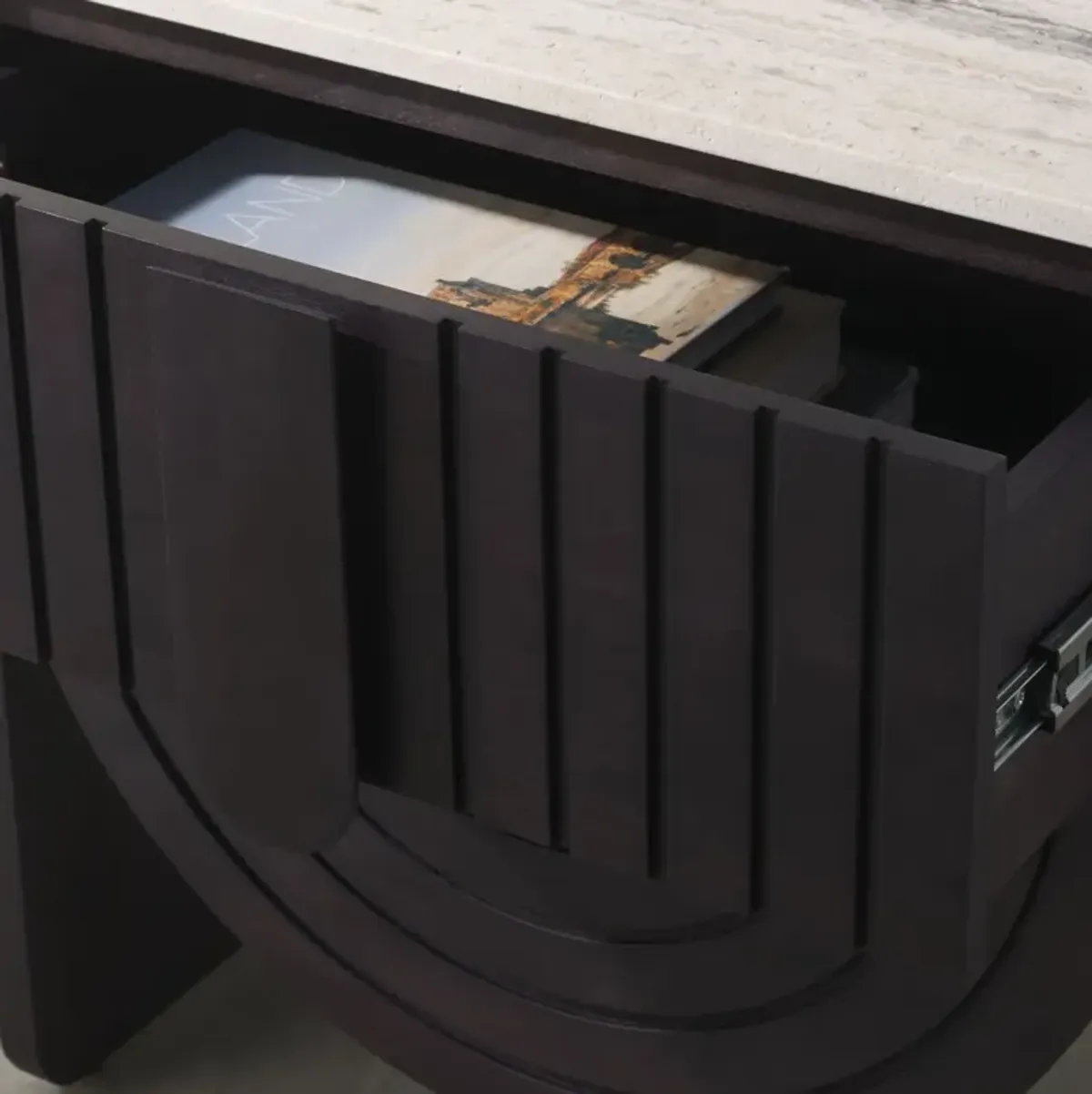 Finbar Travertine Top Nightstand, Natural/Black