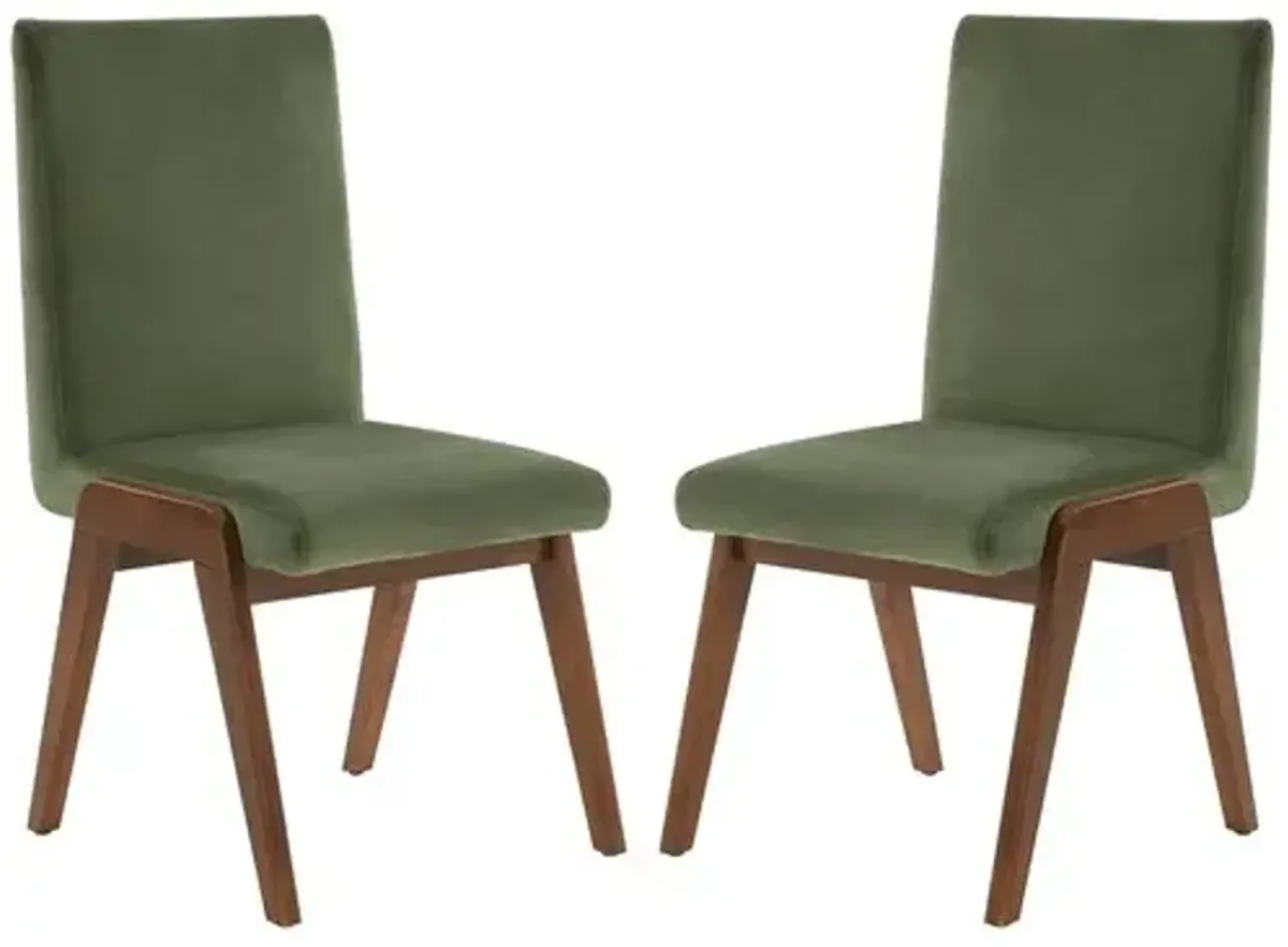 Set of 2 Forrest Velvet Dining Chairs - Olive Green/Dark Walnut