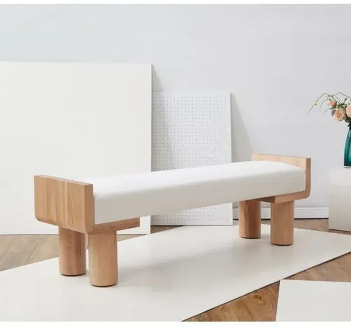 Yasmine Boucle And Wood Bench - Ivory