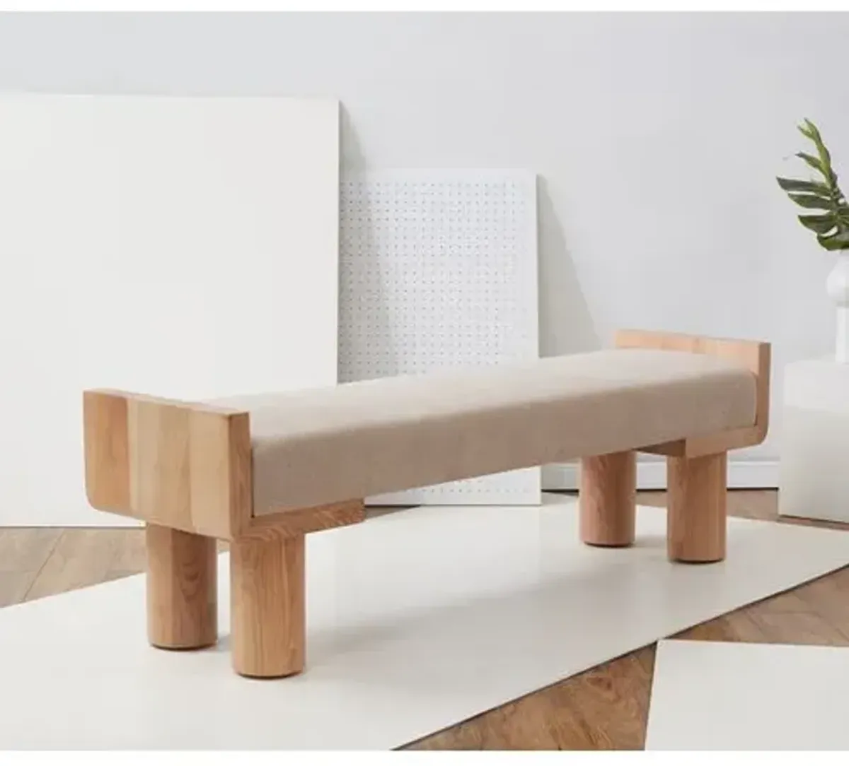 Yasmine Boucle And Wood Bench - Beige