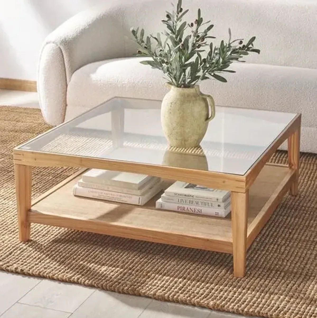 Liore Square Glass Coffee Table - Natural - Brown