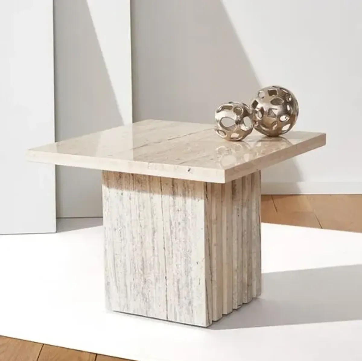 Rhiannon Tall Travertine Accent Table - Off White - 16Hx21Wx21D in