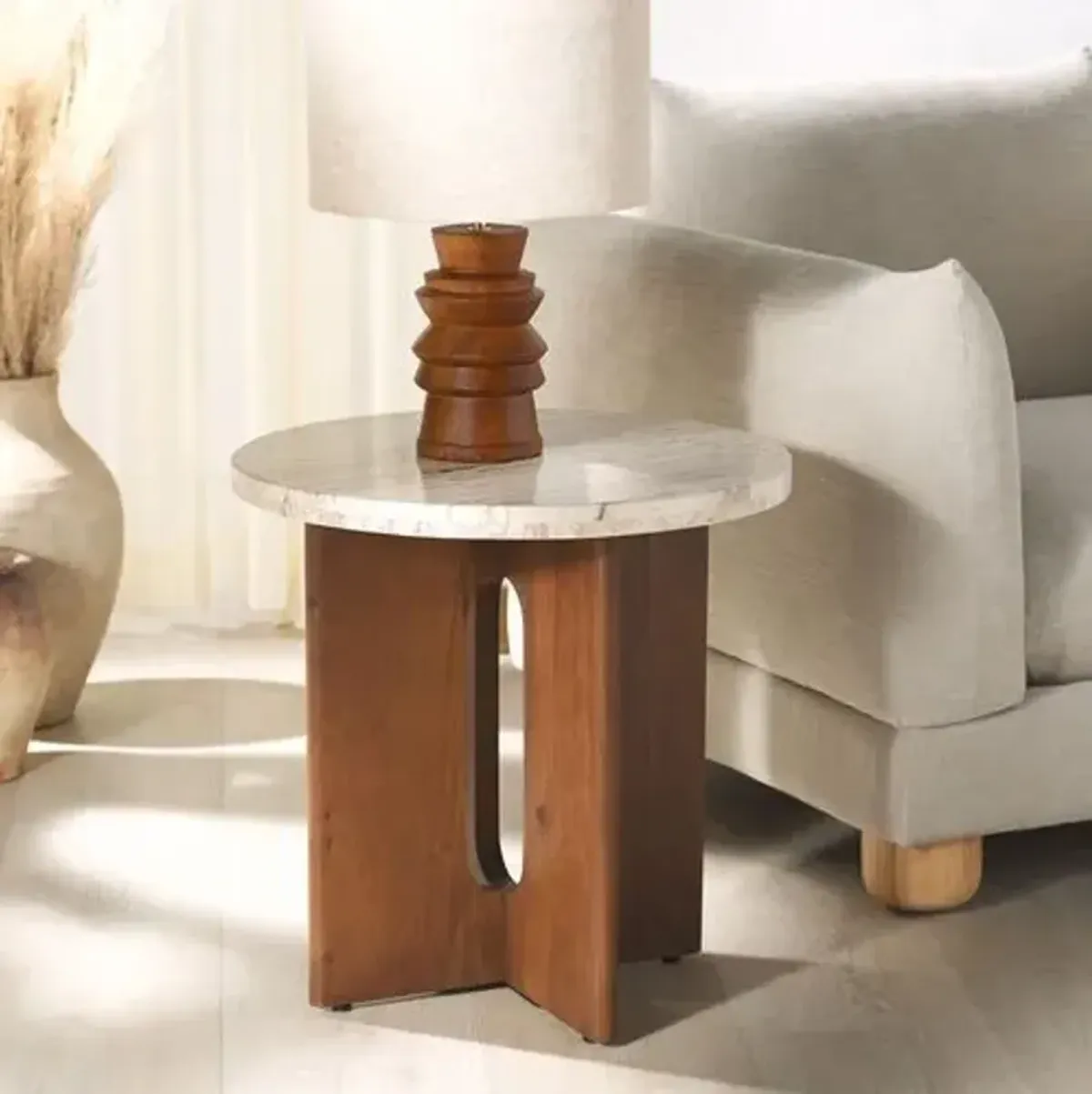 Junia Travertine Accent Table - Brown - 20Hx20Wx20D in