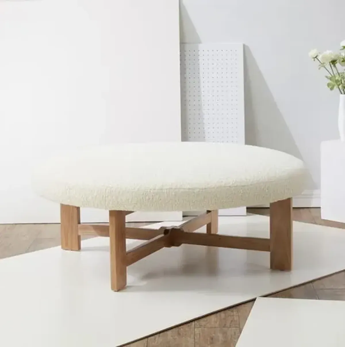 Hawka Faux Shearling Ottoman - Ivory/Natural