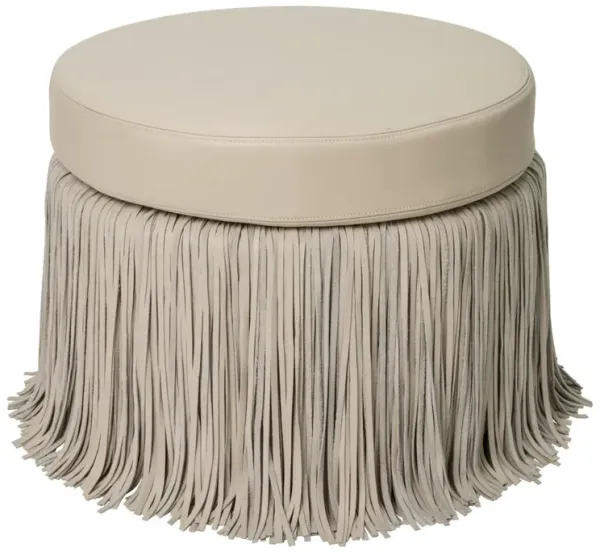 Round Shaggy Ottoman, Leather, Cream Stone