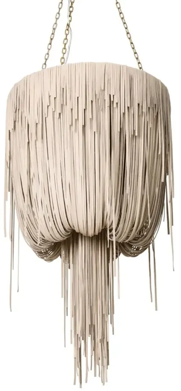Small Round Urchin Leather Fringe Chandelier, Cream-Stone