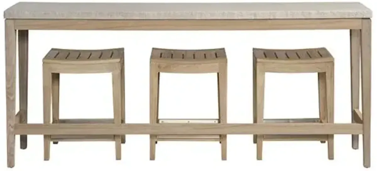 Coastal Living Montclair Outdoor Concrete Top Console with 3 Counter Stools - Warm Weathered Teak
