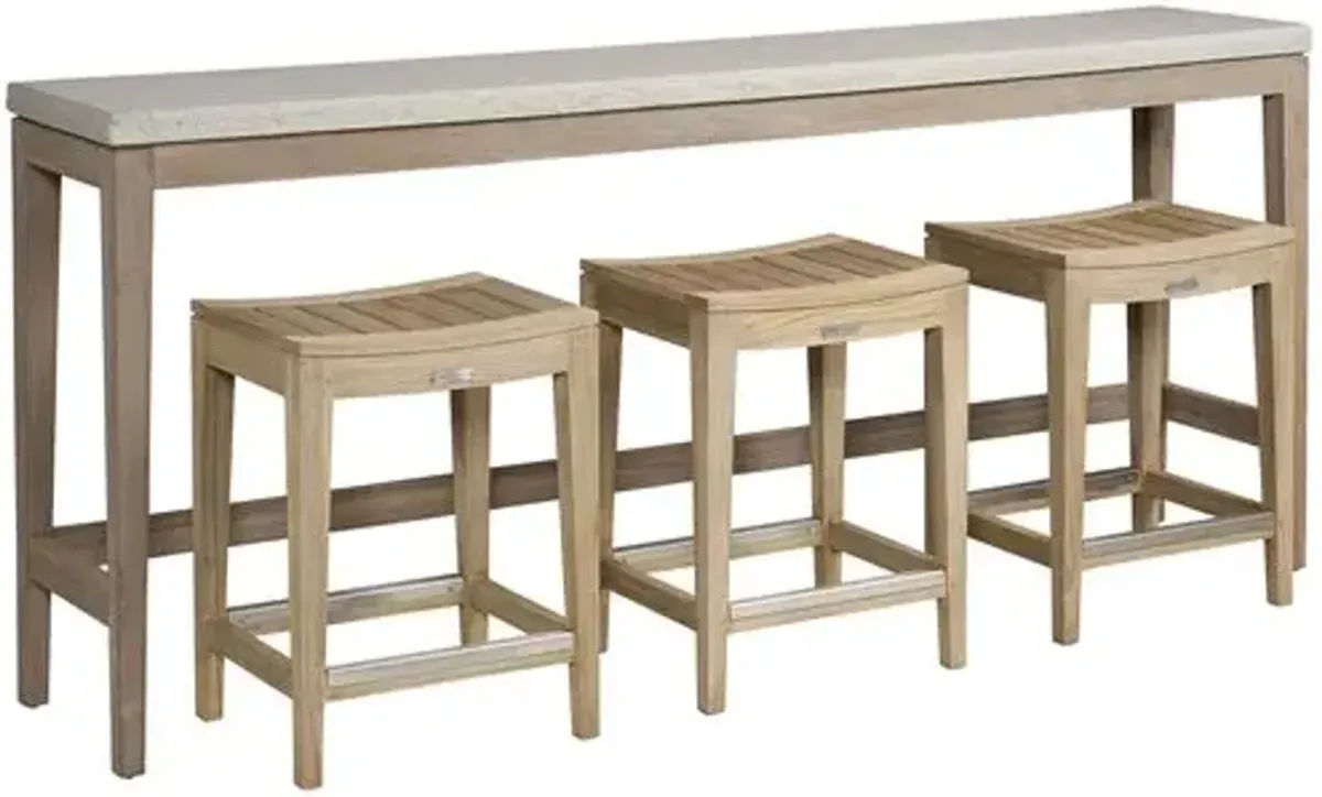 Coastal Living Montclair Outdoor Concrete Top Console with 3 Counter Stools - Warm Weathered Teak