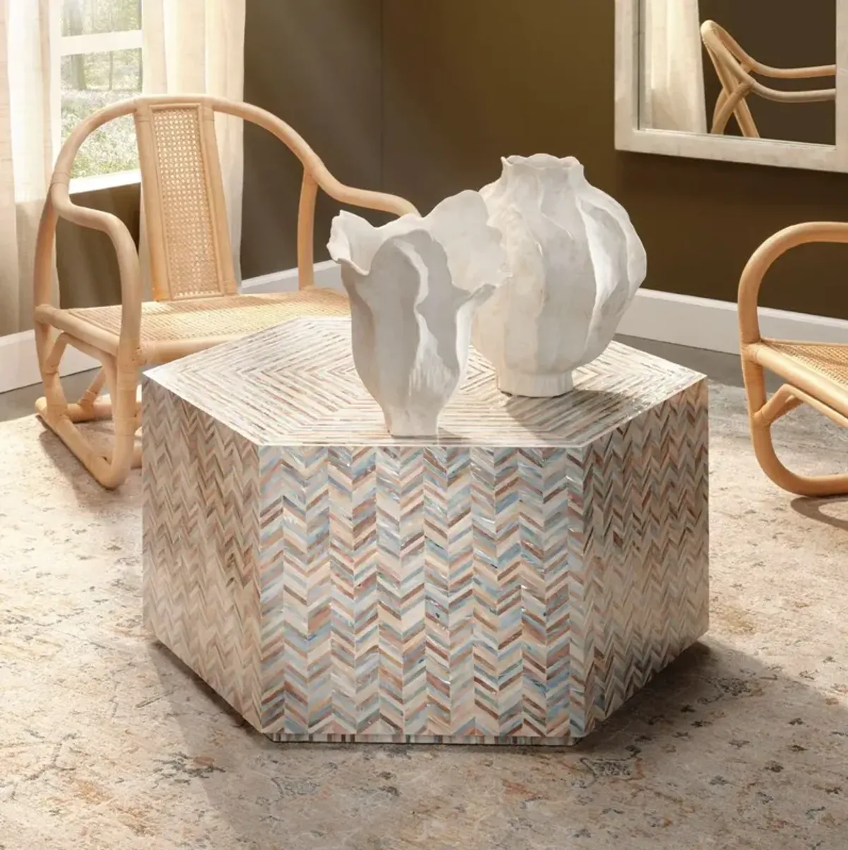 Hepburn Mother of Pearl Hexagon Coffee Table, Multicolor