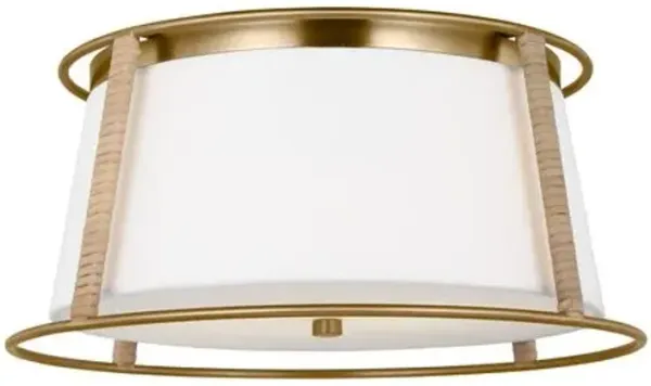 Visual Comfort - Cortes Transitional Medium 2-Light Dimmable Rattan Wrapped Flush Mount Ceiling Light - Satin Brass Gold/White Linen