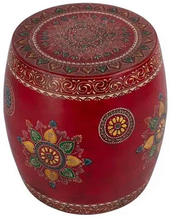Indira Hand Painted Round Iron Drum Side Table - Red - Handcrafted