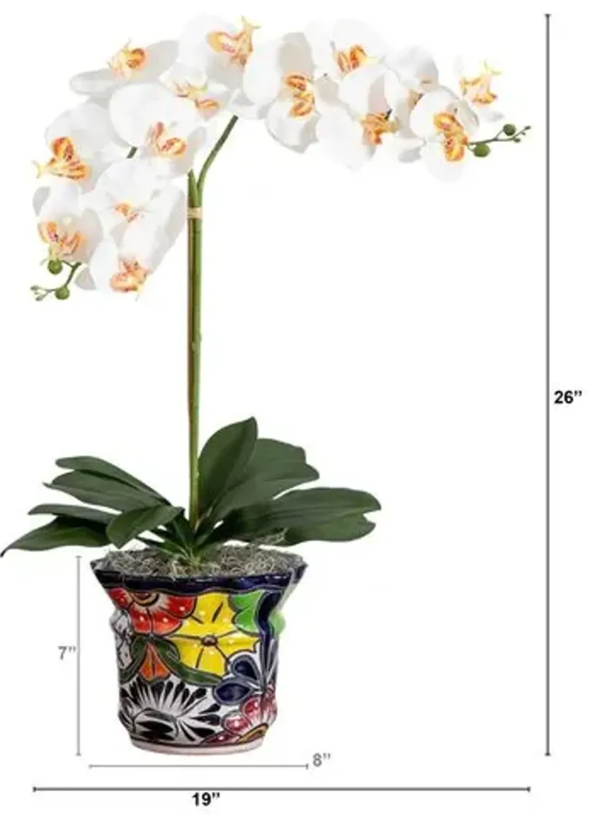 26" Faux Double Orchid Arrangement in Handmade Mexican Talavera Ceramic Planter - Handcrafted - White - 26Hx19Wx17D in