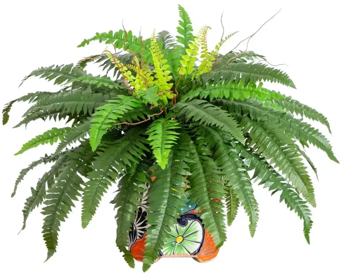 19" Faux Boston Fern in Handmade Mexican Talavera Ceramic Planter