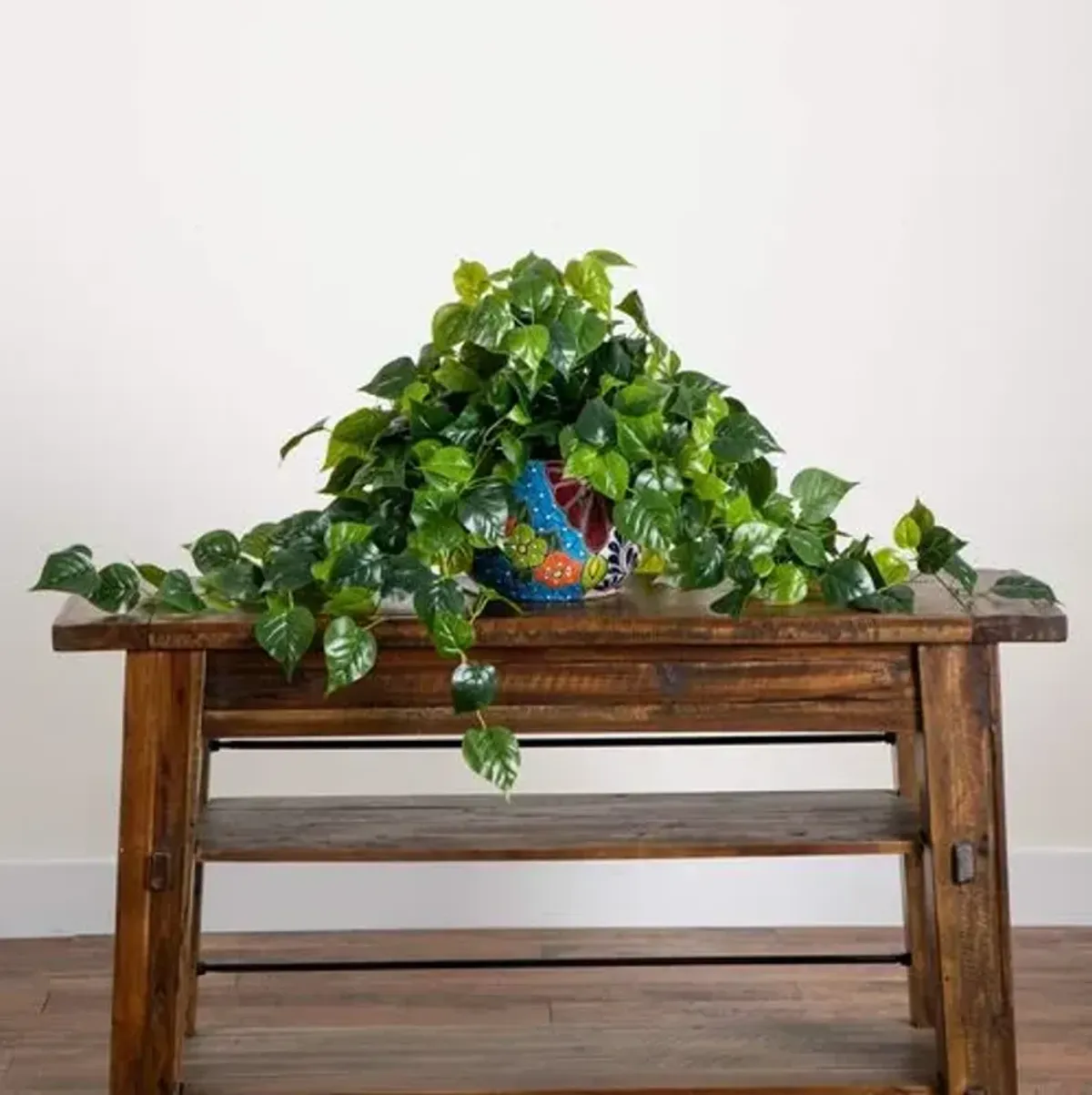 4ft Faux UV Resistant Indoor/Outdoor Philodendron in Handmade Mexican Talavera Ceramic Planter - Green - 18Hx42Wx35D in