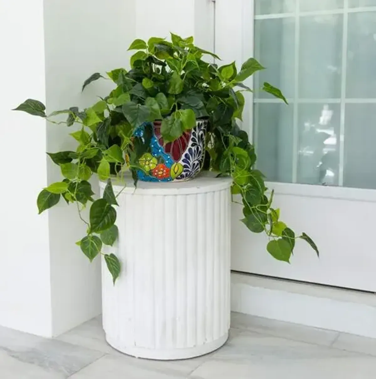 4ft Faux UV Resistant Indoor/Outdoor Philodendron in Handmade Mexican Talavera Ceramic Planter - Green - 18Hx42Wx35D in