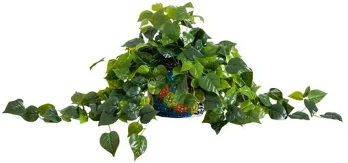 4ft Faux UV Resistant Indoor/Outdoor Philodendron in Handmade Mexican Talavera Ceramic Planter - Green - 18Hx42Wx35D in