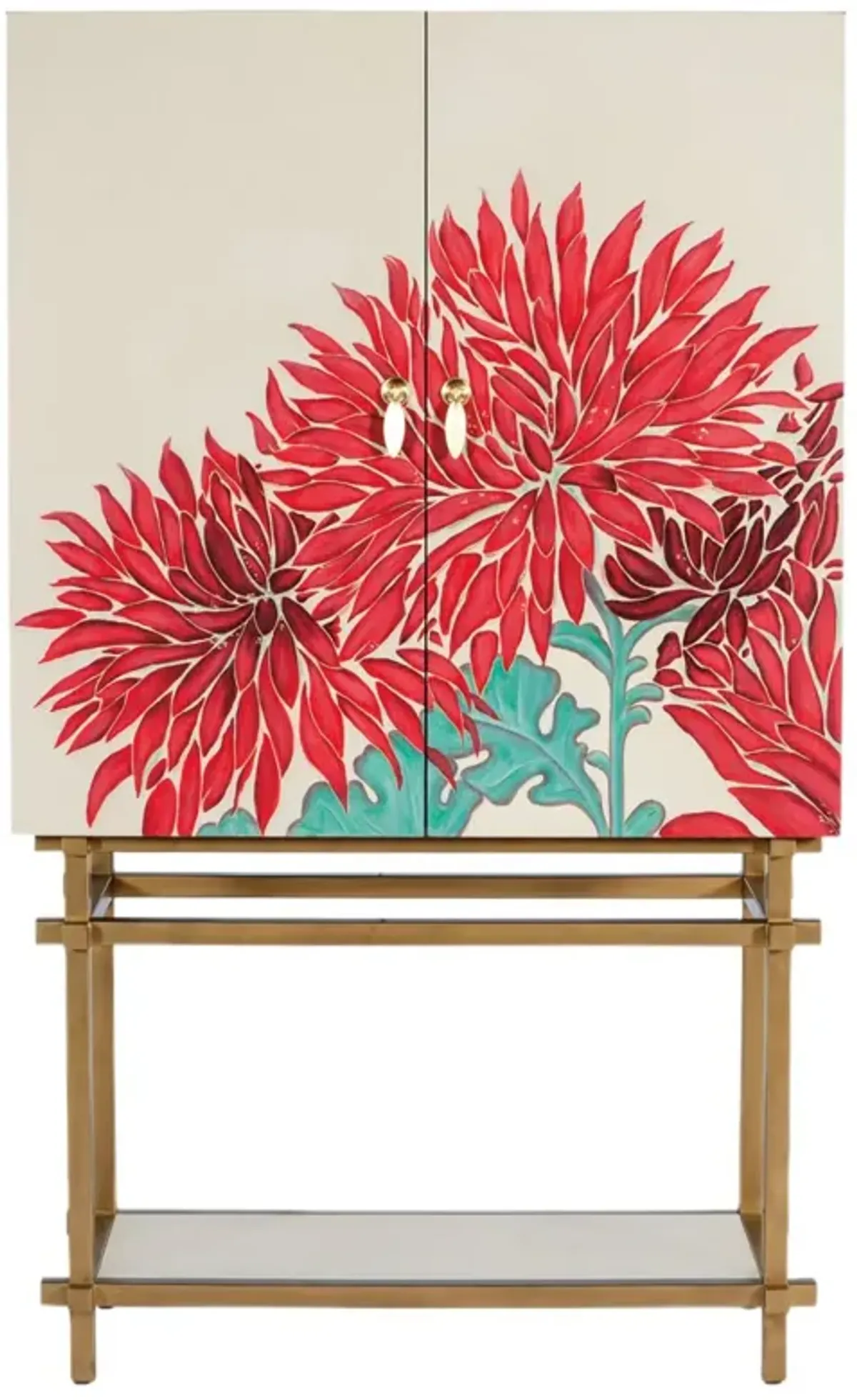 Melange Patrisha Hand Painted Linen-Wrapped Bar Cabinet, Red/Neutral