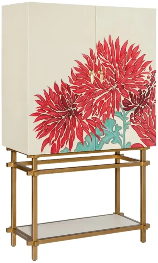 Melange Patrisha Hand Painted Linen-Wrapped Bar Cabinet, Red/Neutral