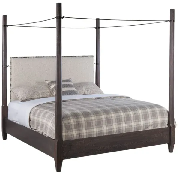 Big Sky Poster Upholstered Linen Canopy Bed, Charred Timber
