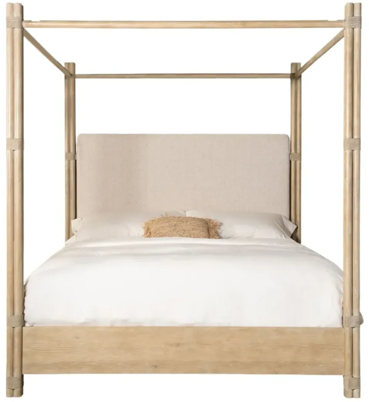 Retreat Pole Rattan Neo Cream Boucle Upholstered Poster Canopy Bed