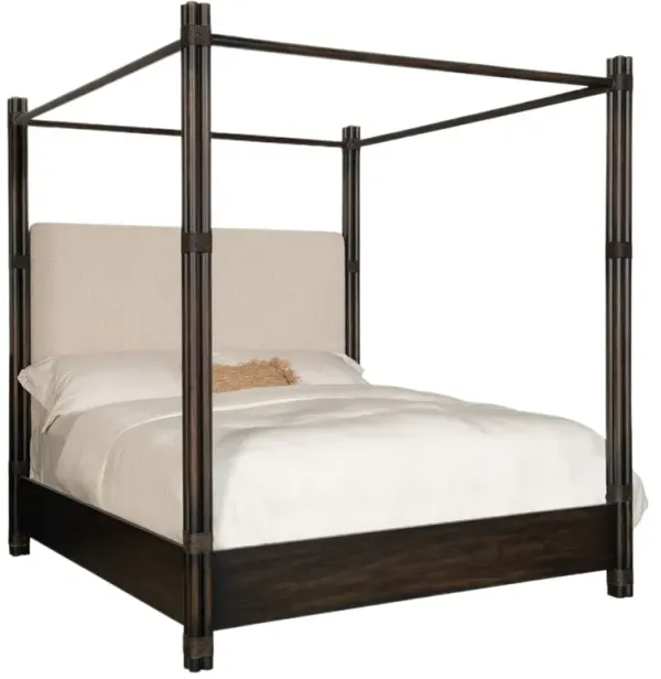 Retreat Pole Rattan Neo Cream Boucle Upholstered Poster Canopy Bed