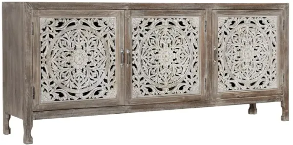 Hand Carved 3-Door Entertainment Console, Medium Natural/Cream Glaze