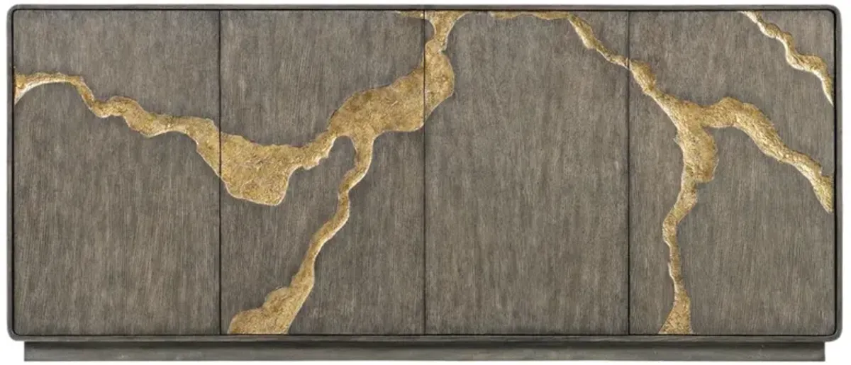 Melange Fissured 4-Door Entertainment Credenza, Dark Oak/Gold