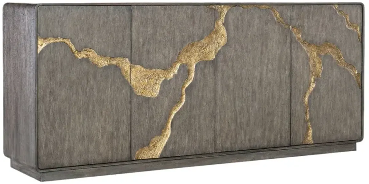 Melange Fissured 4-Door Entertainment Credenza, Dark Oak/Gold