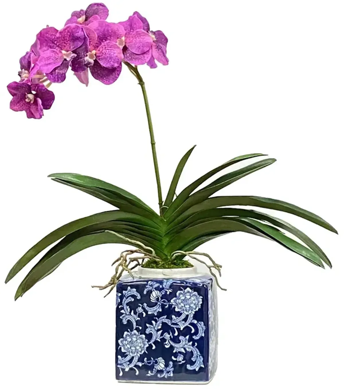 Faux Vanda Orchid In Square Porcelain Pot, French Purple/Blue