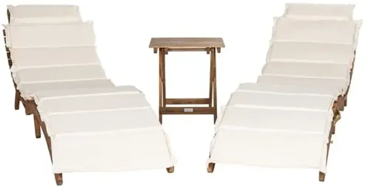 Uriah 3 Pc Outdoor Acacia Folding Chaise Lounge Set - Beige - Comfortable, Sturdy, Stylish