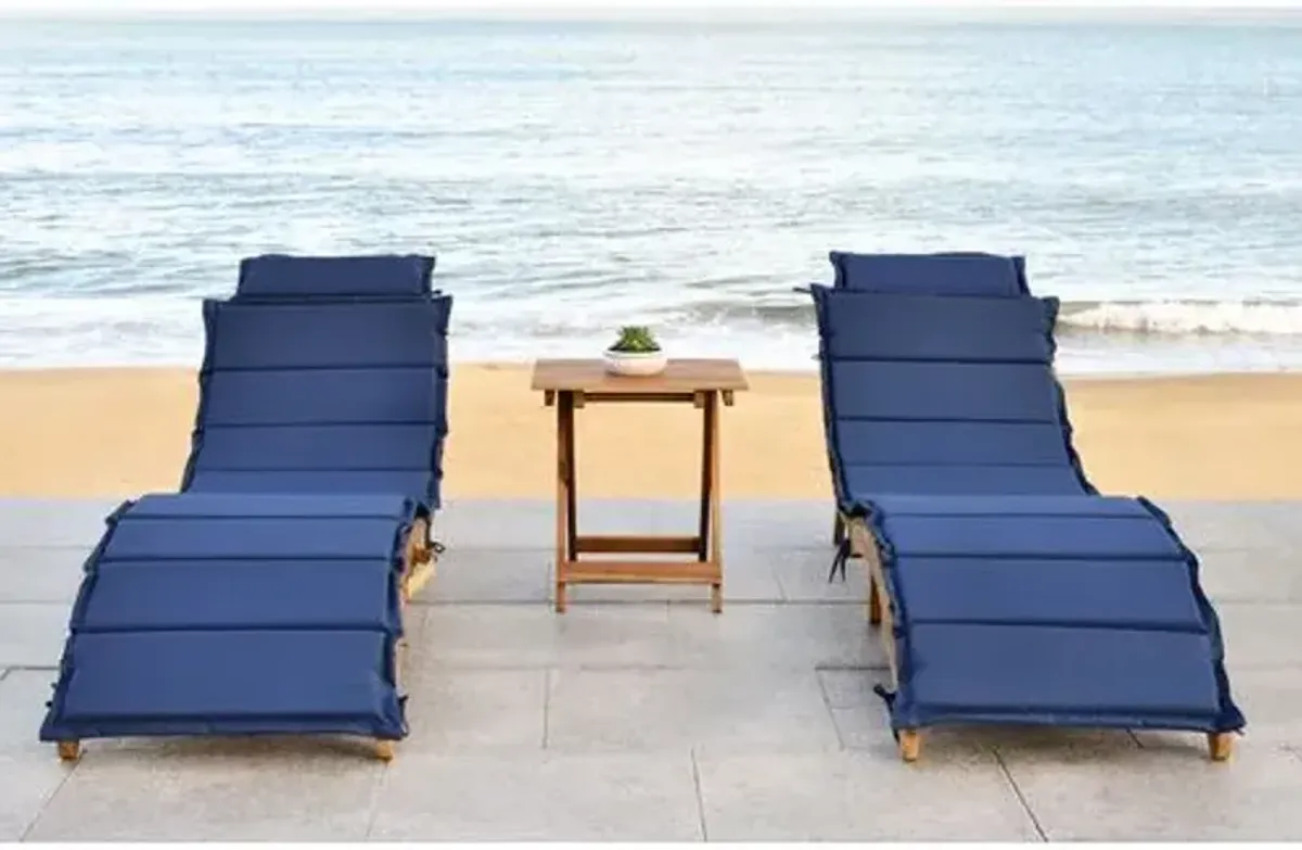 Uriah 3 Pc Outdoor Acacia Folding Chaise Lounge Set - Blue - Comfortable, Sturdy, Stylish