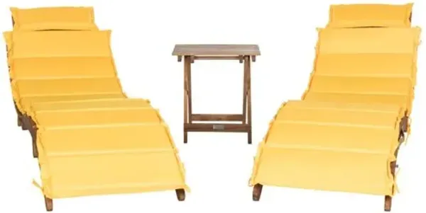 Uriah 3 Pc Outdoor Acacia Folding Chaise Lounge Set - Yellow - Comfortable, Sturdy, Stylish