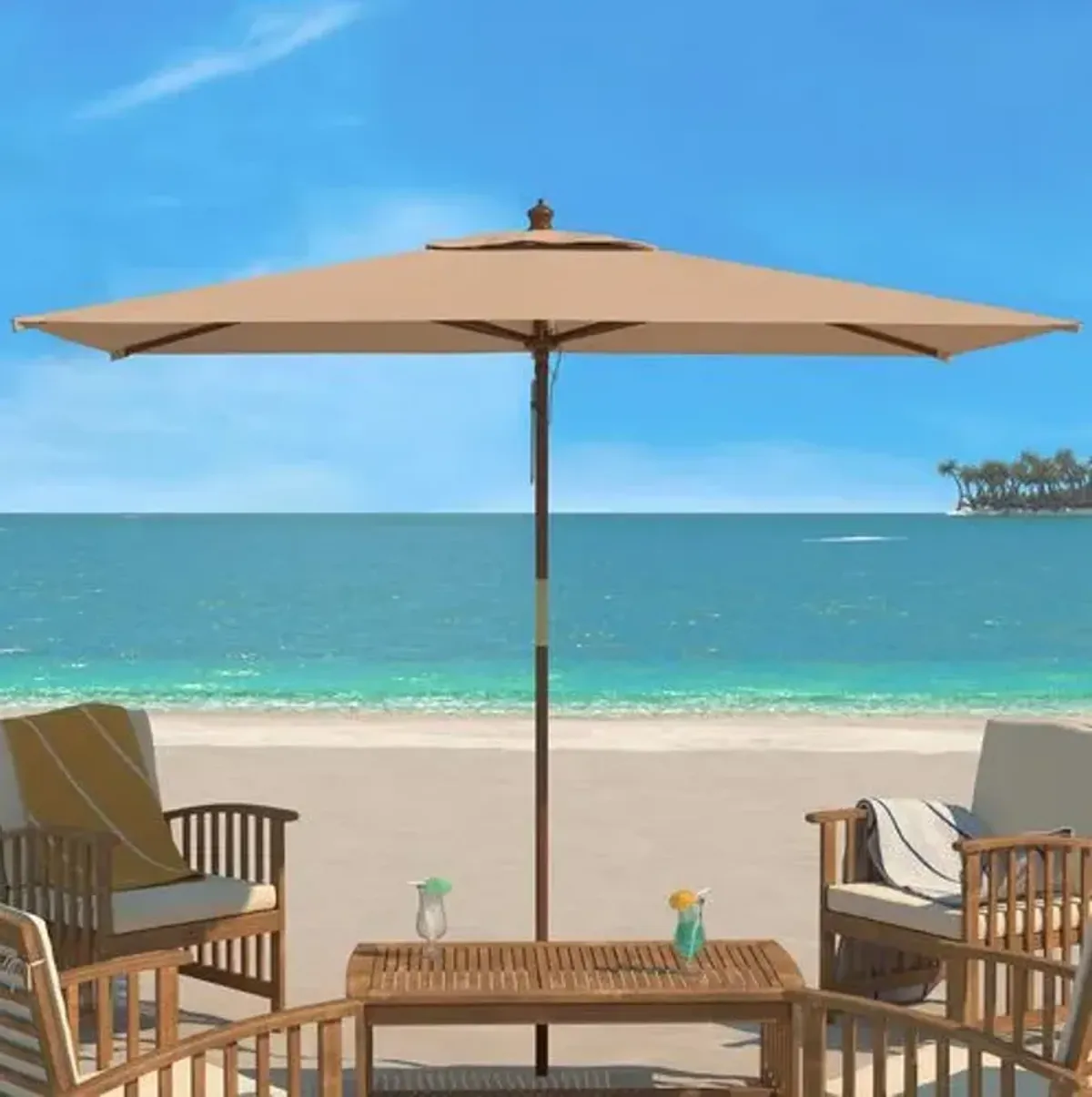 Adara Outdoor 10Ft Wood Umbrella - Beige