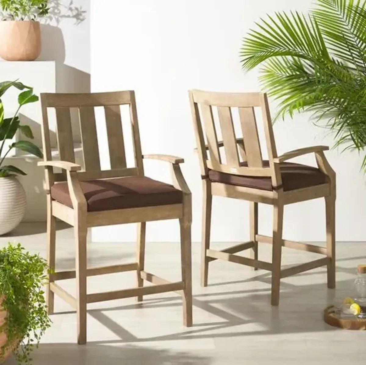 Set of 2 Caius Outdoor Eucalyptus Patio Counter Stools