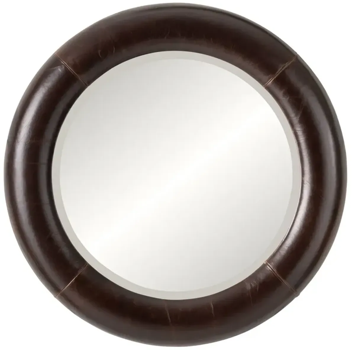 Varian 36" Round Leather Wall Mirror, Dark Brown