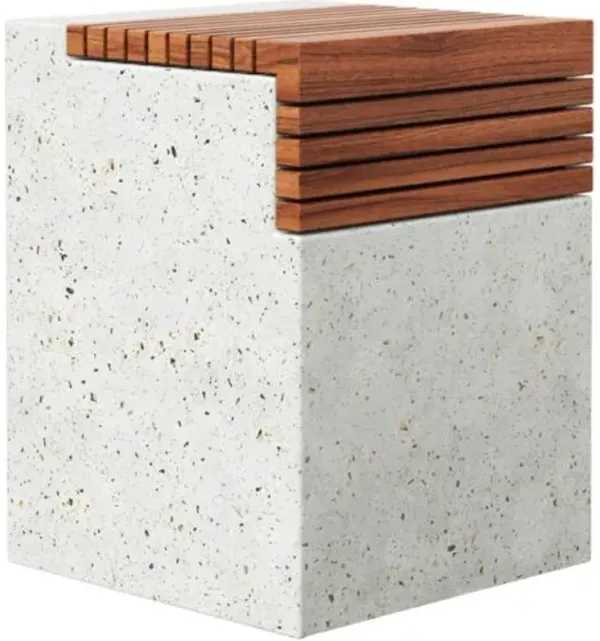 Marty Indoor/Outdoor Concrete/Teak Slatted Top Stool - White